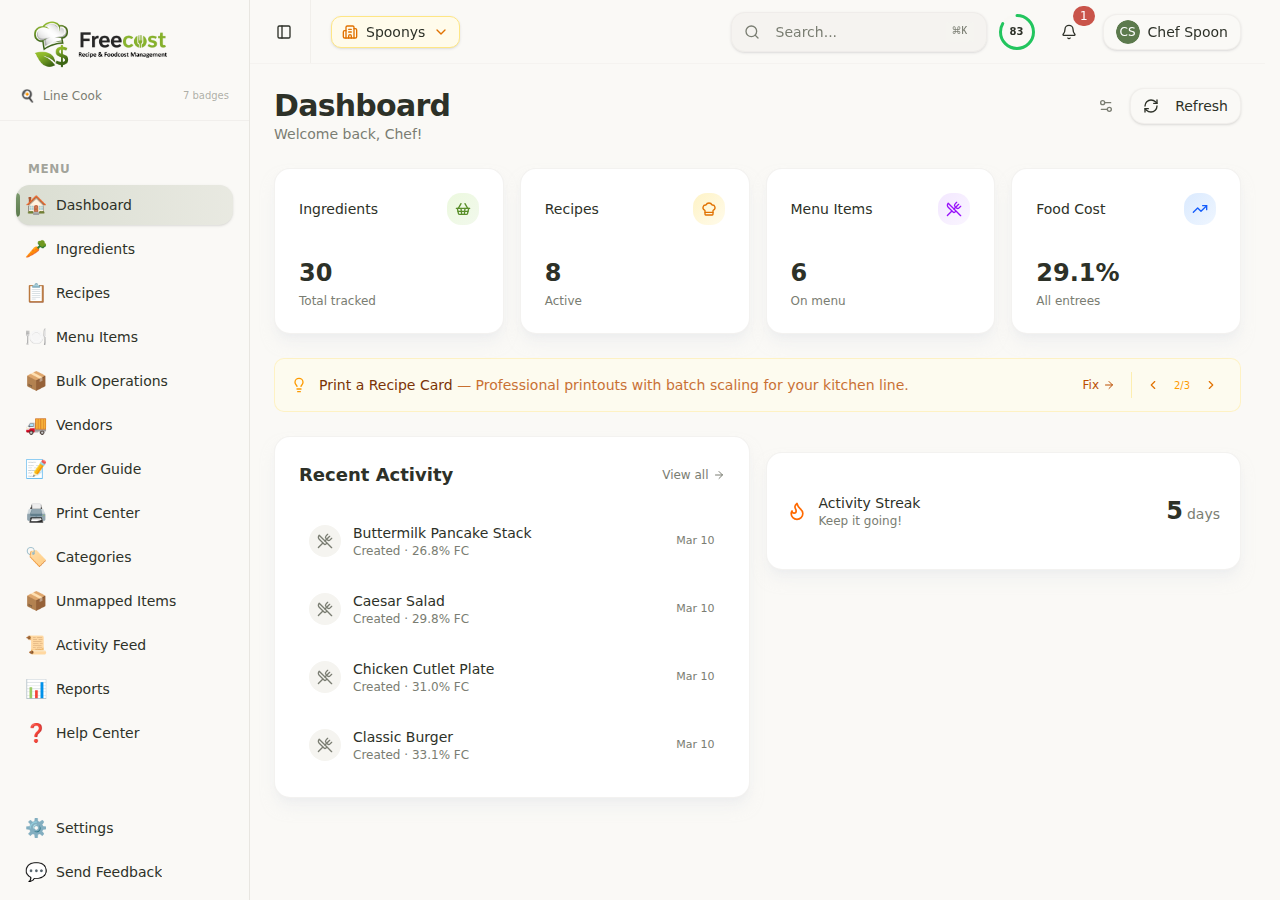 Freecost dashboard showing food cost and recipe margins