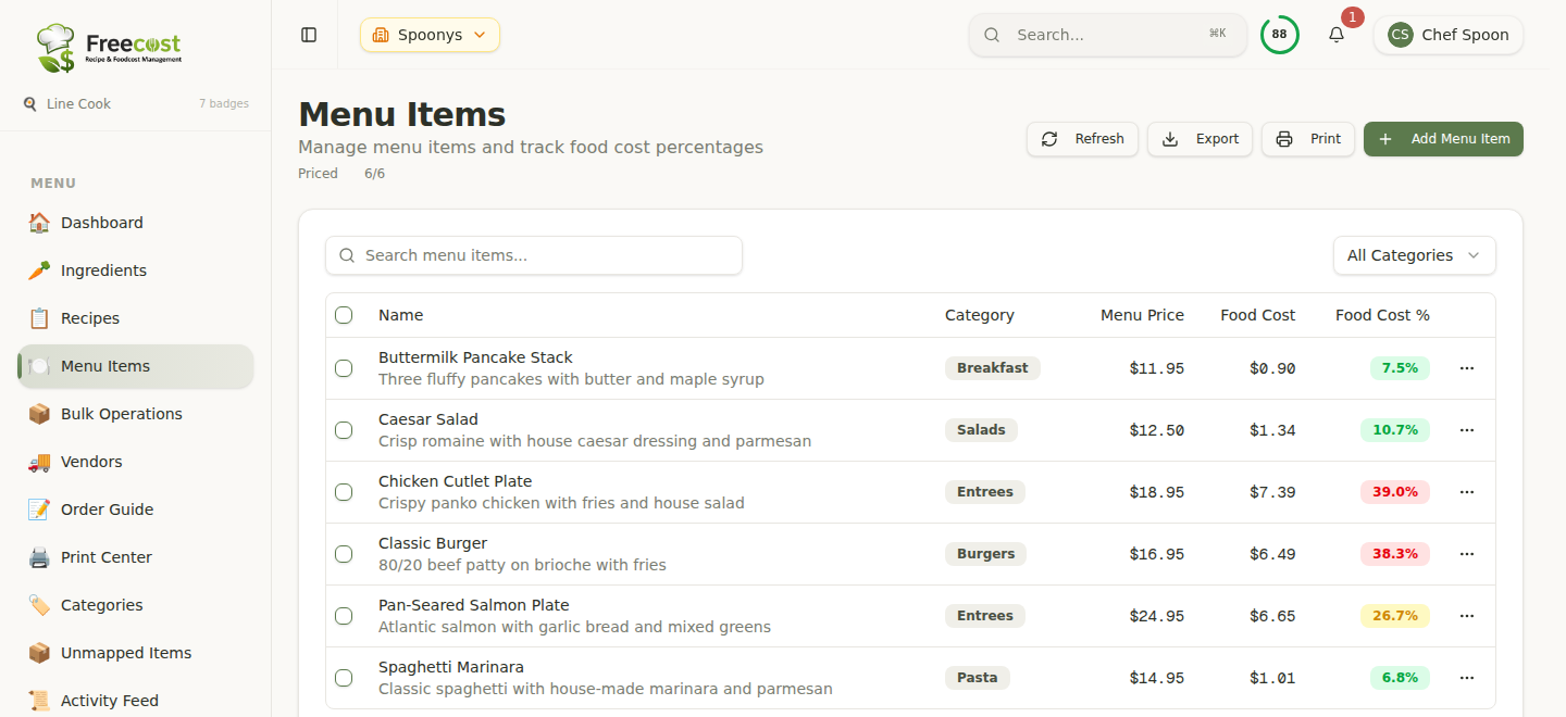 Freecost entrees and menu pricing screen