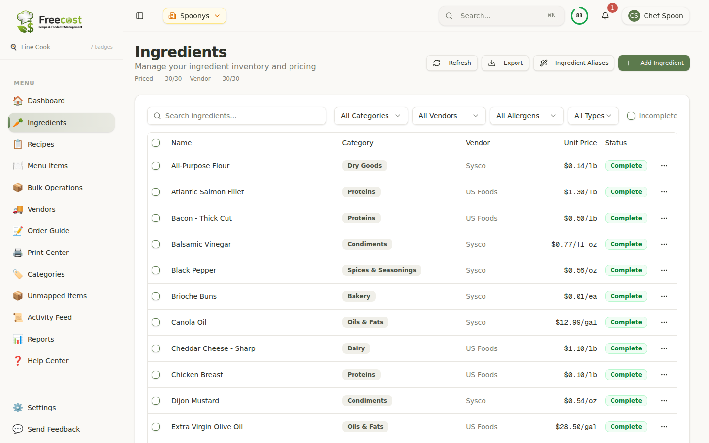 Freecost ingredient database screen