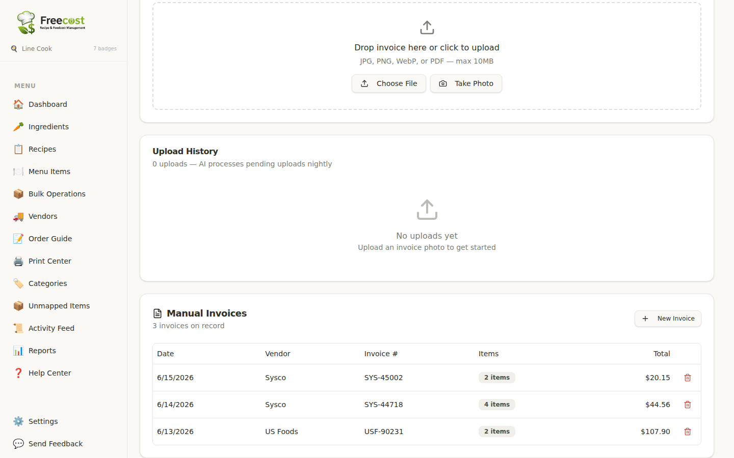 Freecost invoice tracking screen
